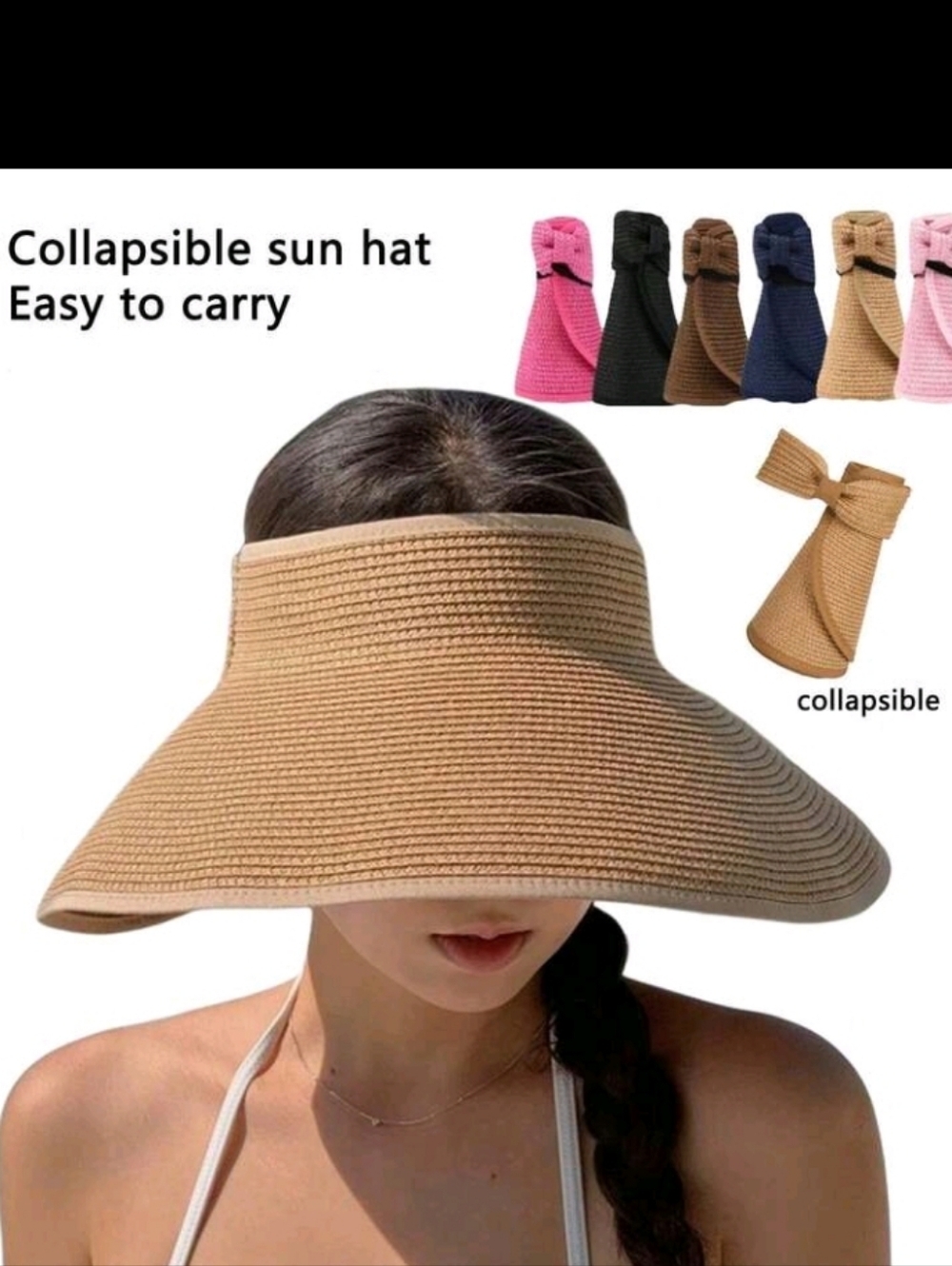 Brown Collapsible Raffia Woven Wide-Brim Sun Hat Bow Visor Foldable Open-top